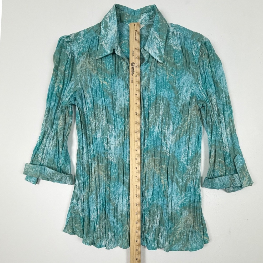 Christopher & Banks Womens Teal Green Crinkle Button Down Shirt 3/4 Sleeve Small - Picture 4 of 8